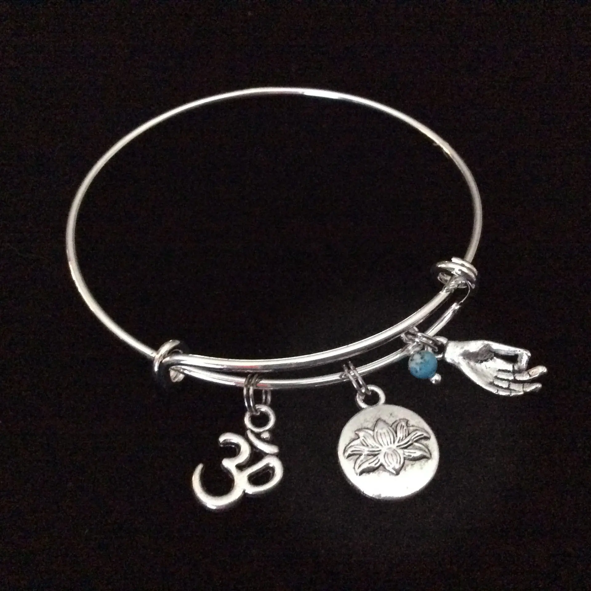 Turquoise Lotus Om Meditation Charm Bracelet Adjustable Expandable Silver Wire Bangle Trendy Yoga Inspired Meaningful Inspirational
