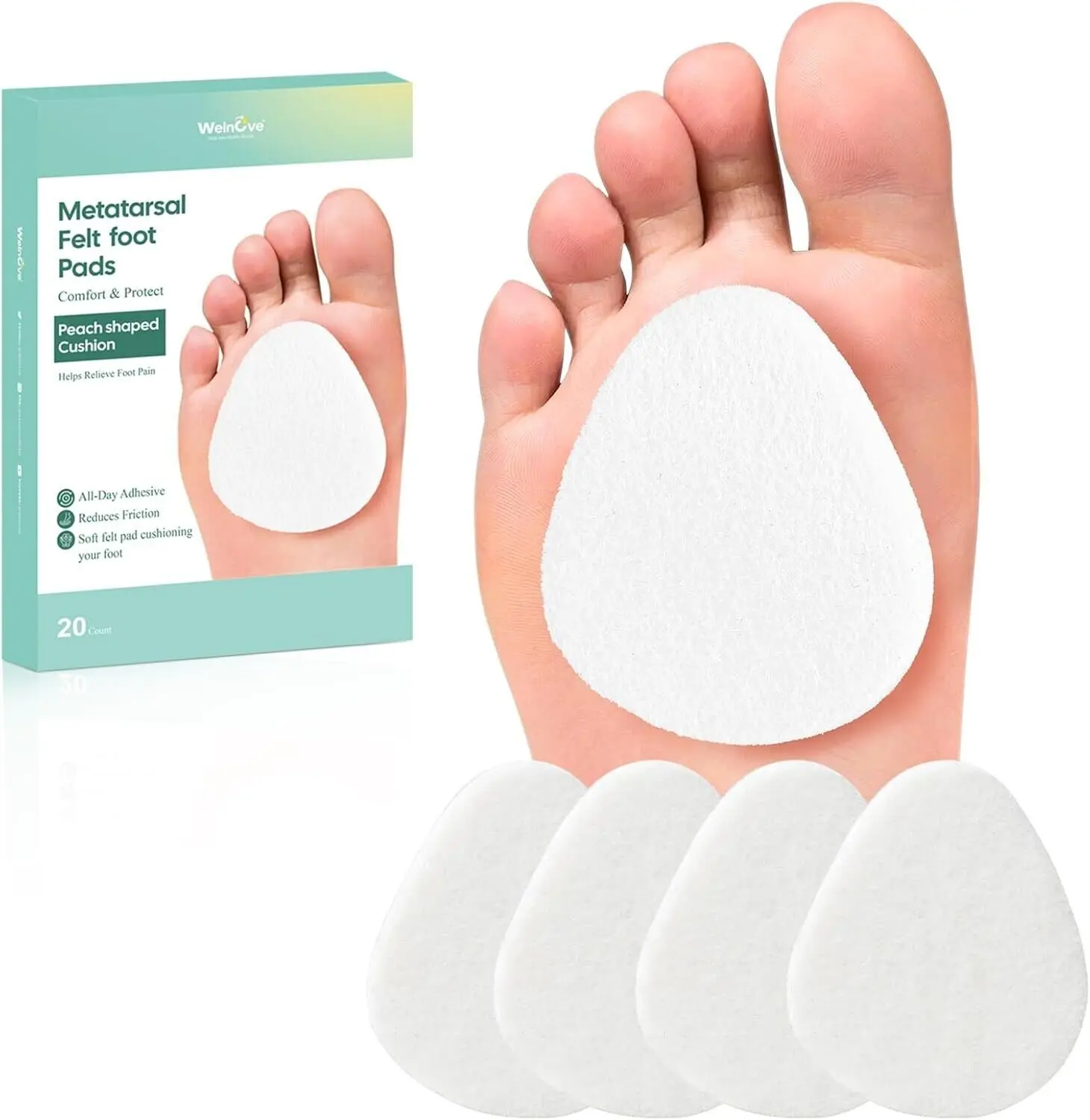 20Pcs Metatarsal Pads for Foot Pain Relief - Soft Wool Material - Adhesive Cushions Footwear Insoles