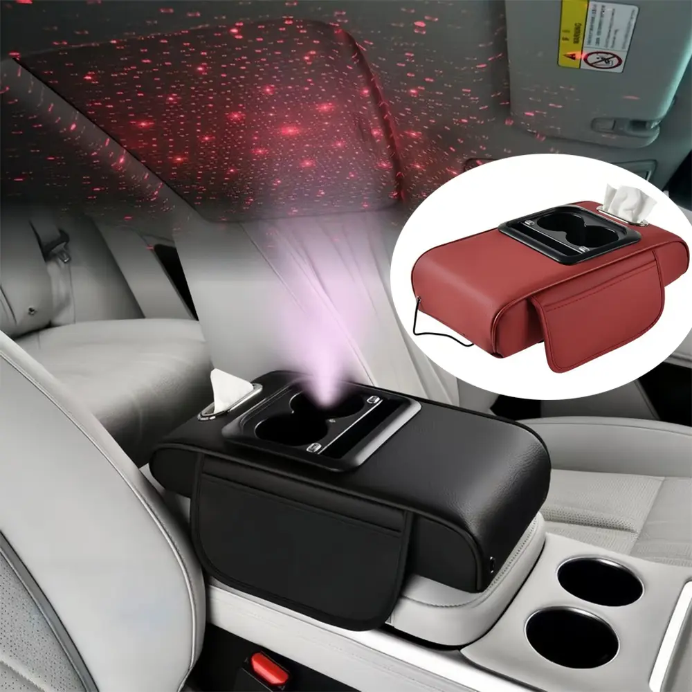 6-in-1 Multifunctional Car Armrest Cushion Center Console Cover - Napa Leather+High-Resilience Memory Foam, LED Starry Sky Light, 2 Dual Type-C Ports, Tissue Box, 2 Side Storage Bags, Cup Holder, Phone Holder, Velcro Installation, USB Plug and Play, Starl