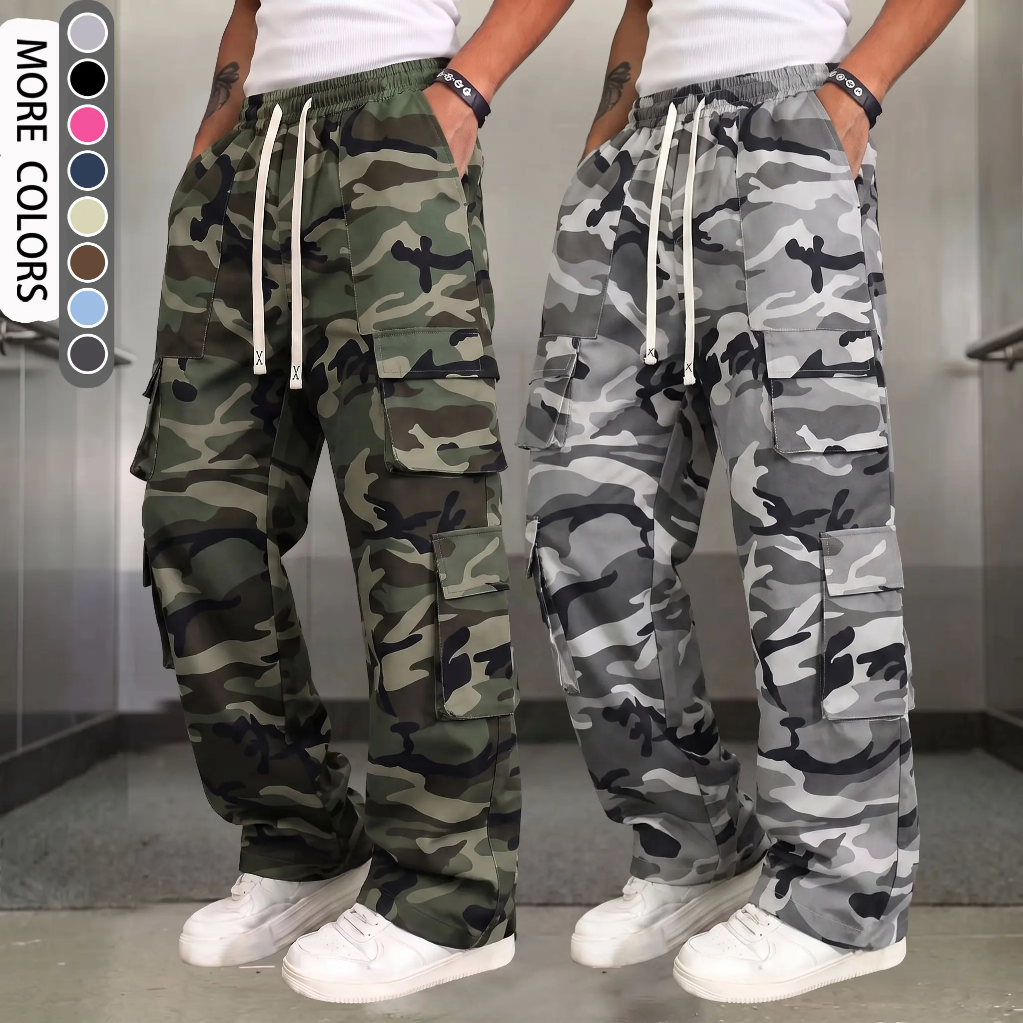 Men’s multi-pocket cargo pants – work pants，drawstring waist, multiple pockets, suitable for hiking and everyday comfort; durable and comfortable outdoor pants | casual sports pants, available in multiple colors Menswear Camo