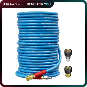 POHIR 50FT 3/8" Industrial Grade Steel Wire Braided Pressure Washer Hose, Cold & Hot Water Compatible (Up to 248℉), 4800 PSI Kink Resistant, QC Ends with 2 M22-14mm to 3/8" Adapters for Professional & Home Use