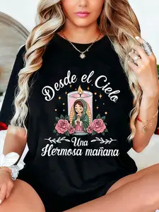 Women's short-sleeve crew-neck Fitted T-shirts feature cute Graphic cartoon prints of Our Lady of Guadalupe in Mexican style, paired with the inspirational philosophical text "From Heaven, a Beautiful Morning". Available in white and black