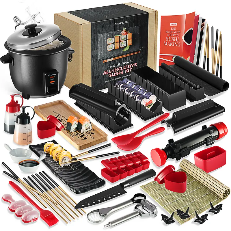 CraftZee Deluxe Sushi Making Kit with Bazooka Roller, Rice Cooker, Onigiri & Musubi Mold, Bamboo Rolling Mat, Guide Book & More Kitchen Utensils