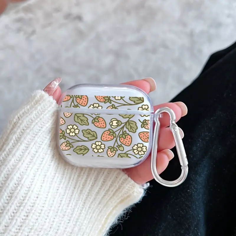 Strawberry Blossom Charm Pattern Protective Case for AirPods 4/3/2/1/Pro/Pro2 Soft TPU Earphone Cover, Transparent with Keychain