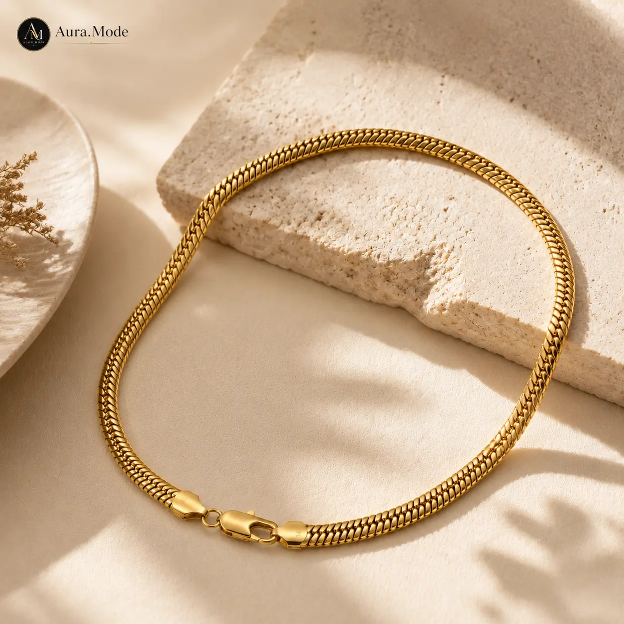 14K Luxury Gold plated Snake Chain Necklace for Women, Minimalist Herringbone Flat Chain Necklace, Luxury Gold Tone Jewelry, Elegant Everyday Fashion Necklace