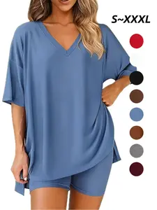 Women's V-Neck Two-Piece Set, Top, Spring Summer Casual Home Shorts, Bike Shorts, Plus Size Clothing, Lightweight, Comfortable and Stylish