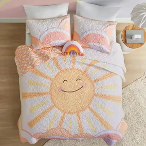 Kids Twin Quilt Bedding Set, Cotton Reversible Coverlet with Rainbow & Clouds, Light Breathable 3 Piece Set Includes Sham Throw Pillow Yellow/Coral for Girls