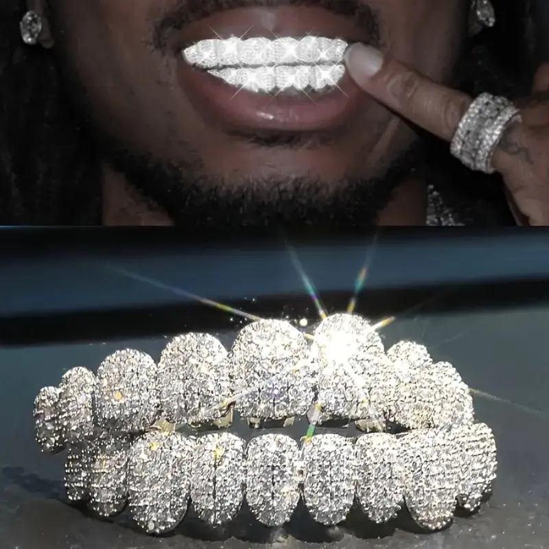 18K Golden Plated Hypoallergenic Cubic Zirconia Teeth Grills - Decorative Tooth Caps for Rappers, Cosplay, Smile Enhancement