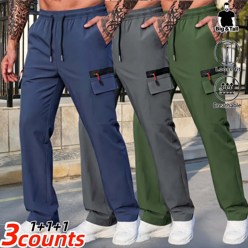 3 Pack Big & Tall Plus Size Men’s Cargo Jogger Pants, Quick Dry Breathable Loose Fit Outdoor Work Trousers, Elastic Drawstring Waist Multi Zipper Pockets Stretch Lightweight Casual Hiking Athletic Bottoms for Big Guys,athleisure wear