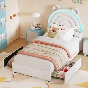 Garvee Sherpa Fabric Twin Size Bed with Panda Design, Soft Upholstered Platform Bed Featuring 2 Storage Drawers and LED Lighting, White Finish, Perfect for Bedroom Furniture