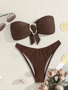 New Sexy Tube Top Bikini with Metal Ring Accents, Summer Floral and Plain Swimsuit Set for Women, Tight-Fitting Fashion Swimwear