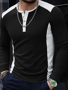 Men's Casual Long Sleeve Waffle Fabric Colorblock Patchwork Design, Fashion Versatile Spring & Fall Outdoors Home Wear New Arrival