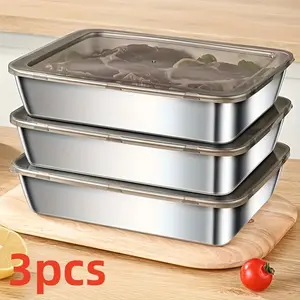 3pcs/5pcs Durable Stainless Steel Food Storage Containers Set - Heavy Duty Containers, Leak-Proof, BPA-Free, Microwave & Freezer Safe, Shatterproof, Multipurpose Flip Top Rectangular Kitchen Organizers for Fridge & Pantry