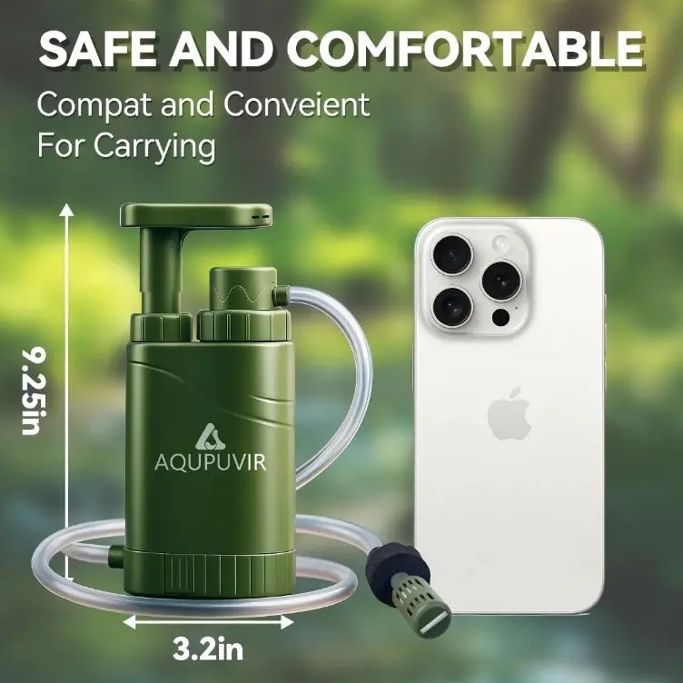 AQUPUVIR Manual 3-in-1 Hand-Crank Compact Portable Water Filtration System Purifier (9.25in Height) – Filters Stream Water for Camping, Hiking, Cycling, Outdoor Exploration Emergency Preparedness Device