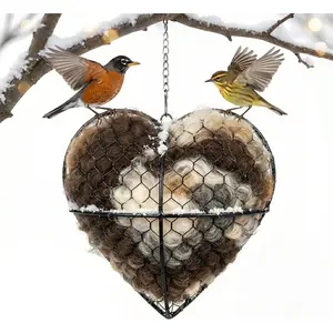 Handmade Alpaca Fiber Bird Nesting Heart - Refillable Bird Nesting Material Holder & Garden Decor - Alpaca Wool for Bird Nesting Dispenser & Nesting Material for Wild Birds Station (Black)