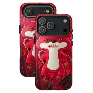 Funny Black Cat Indie Art Creepy Cute Red Dog Animal Character Monster Fuggler Art Trendy Tough Phone Case. Quirky Aesthetic Heavy Duty Shockproof Protective Smartphone Cover for iPhone 17 Pro Max 16 Air 15 14 13 12 11.