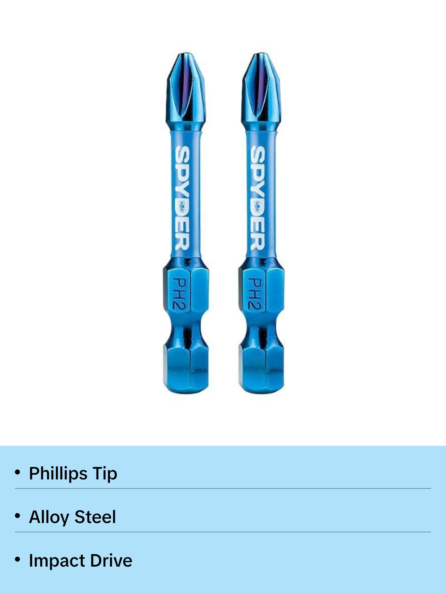 Spyder 19046 Mach-Blue PH2 1/4-in x 2-in Phillips Impact Driver Bit 2 Piece