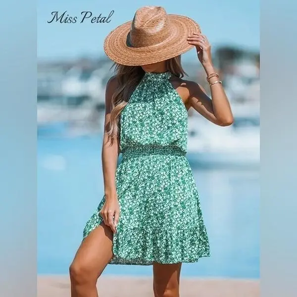 Cupshe Boho Green Ditsy Floral Swing Halter Short Dress Size M