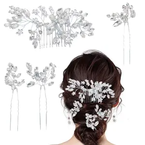 4 pcs Crystal Bridal Hair Accessories Set - Water Diamond Combs and Hairpins, suitable for wedding hair styling, bridesmaid formal hairstyles, and romantic dinner occasions