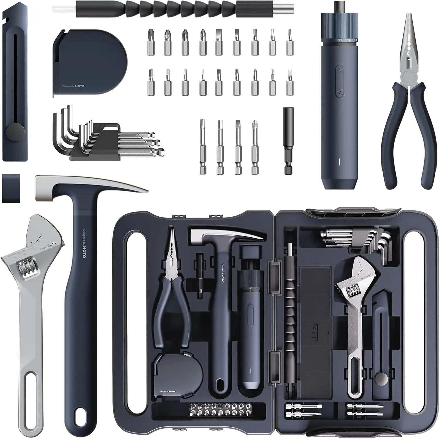 40-Piece Tool Kit, Household Essentials Tool Set w/Smart Electric Screwdriver (LED, 3 Torque) + 14 Tools & 26 Accessories | Pro-Grade Compact Organizer for Home, Dorm Repairs, DIY