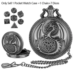 Vintage D20 Dragon Pocket Watch Case with Pendant Chain, 7pcs/set Mini Size Metal Polyhedral Dice, Indoor Entertainment Tabletop Board Game Accessories ,Gift for Gamers