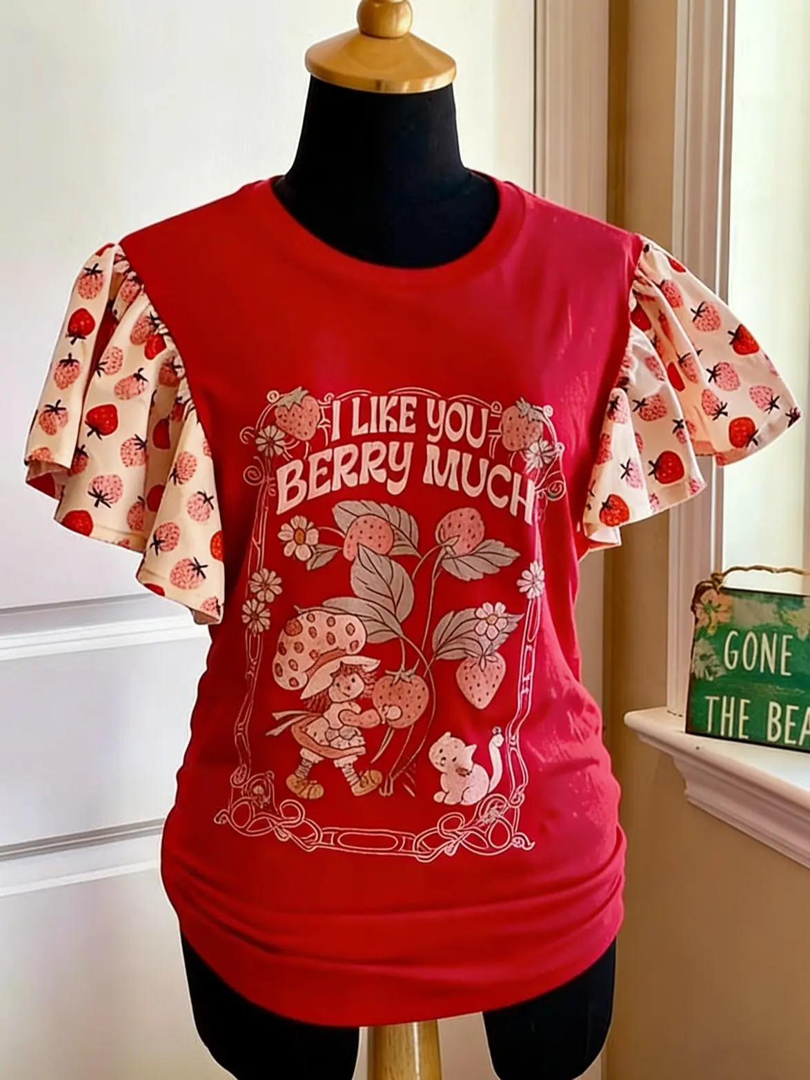 Women's Cute Graphic T-Shirt with Puff Short Sleeves, "I Like You Berry Much" Strawberry Print, Fitted Streetwear Summer Top, Puff Sleeve, Shortsleeve, Twist
