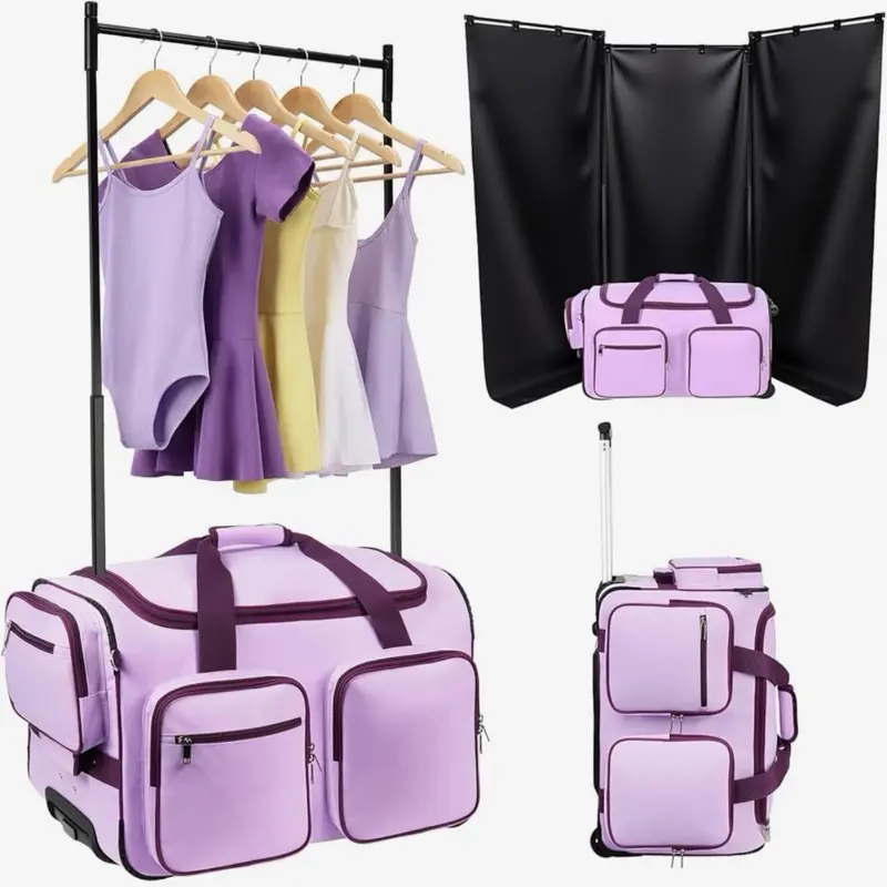 Dance Bag with Garment Rack and Curtain, 23'' Dance Competition Bag with Garment Rack & Wheels, Rolling Dance Bag for Girls, Suitcase for Dancer Cheerleader Little Princess(Purple)