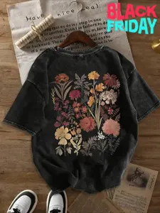 Women's Vintage Washed T-Shirt - Oversized, Multicolor Retro Floral Print on Black, Crew Neck Short-Sleeve, Machine Washable Spring/Summer Campus Streetwear (US Warehouse Shipping)