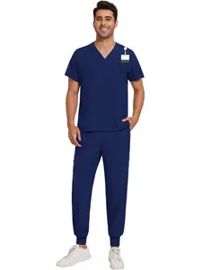 Workout Scrub Set for Men, Casual V-Neck Top with Straight Leg Pants, Stretchy Breathable Uniform for Pet Hospital Vet Spa Nursing Home