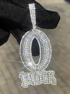 Iced Out Initial Letter O block Pendant Necklace, 14K Silver Plated Full Micro Paved CZ Bling  with Ribbon Charm, Hip Hop Alphabet Jewelry for Men Women, with Rope Chain