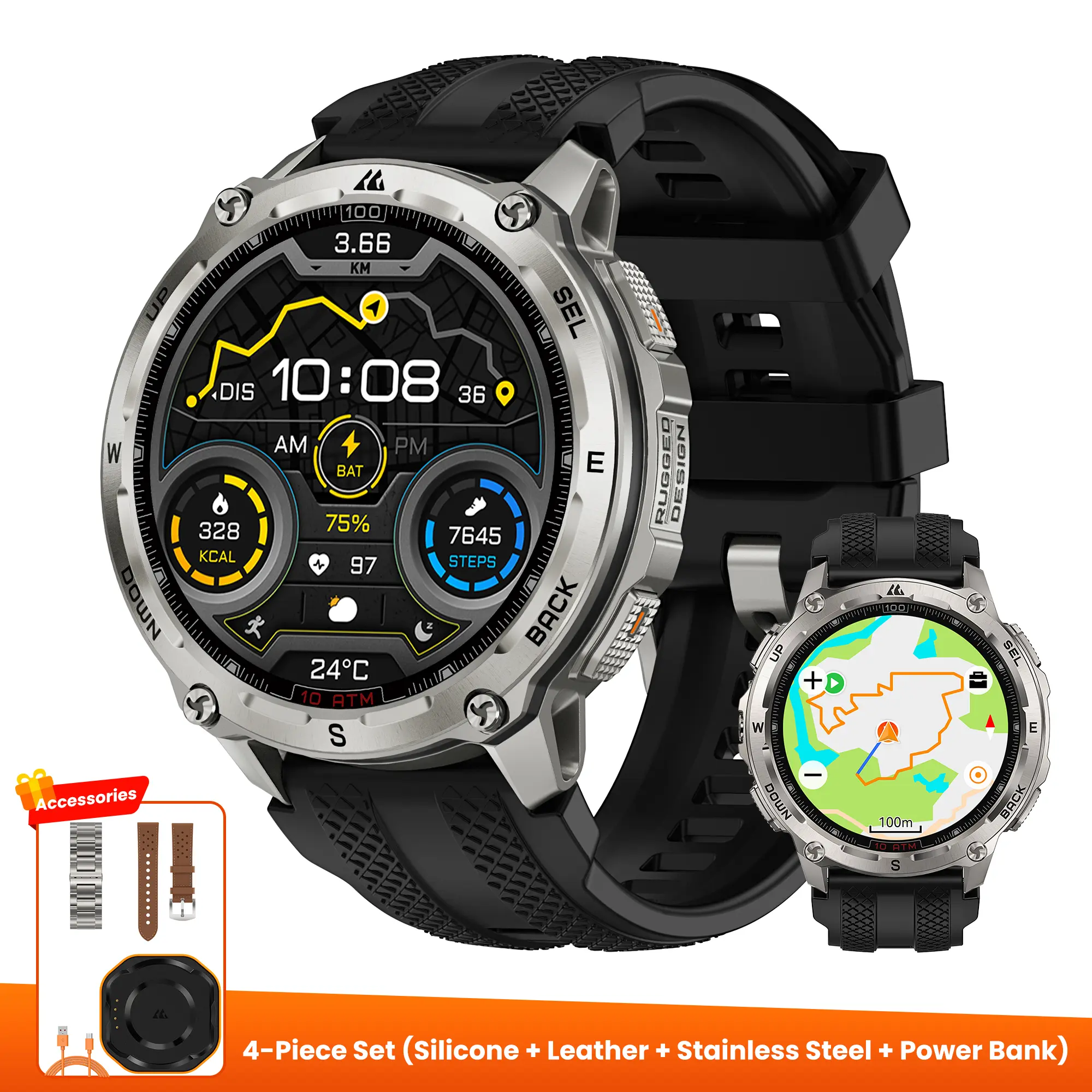 Silver+ Leather + Stainless Steel + Power Bank