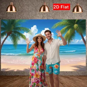 Summer Beach Party Decor Banner, Tropical Ocean Plant Backdrop, Hawaiian Blue Sky Palm Tree, Birthday Vacation Photography Prop