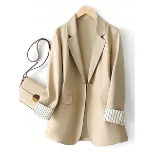 Suit Jacket For Women Autumn Spring Loose Outwear Office Lady Lapel Collar Chic Casual Stripe Blazers Women Commuting Loos Leisure Fashion Suit Single-Button Blazer Stylish Elegant Fake Pockets Coats