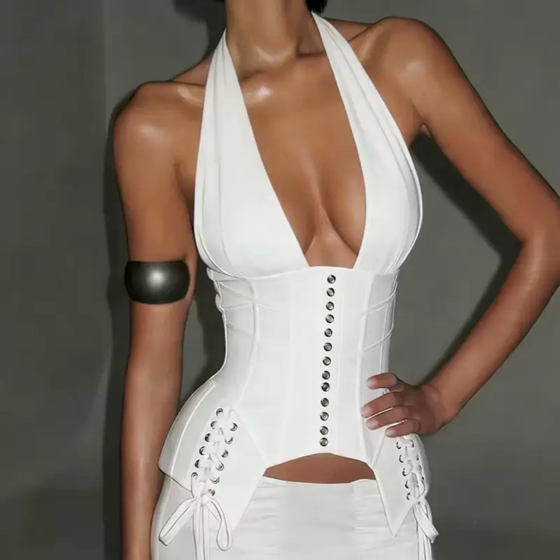 Halter Corset Top with Deep Plunge Neckline Structured Waist Silver-Tone Detailing Lace-Up Hips for Festivals & Parties