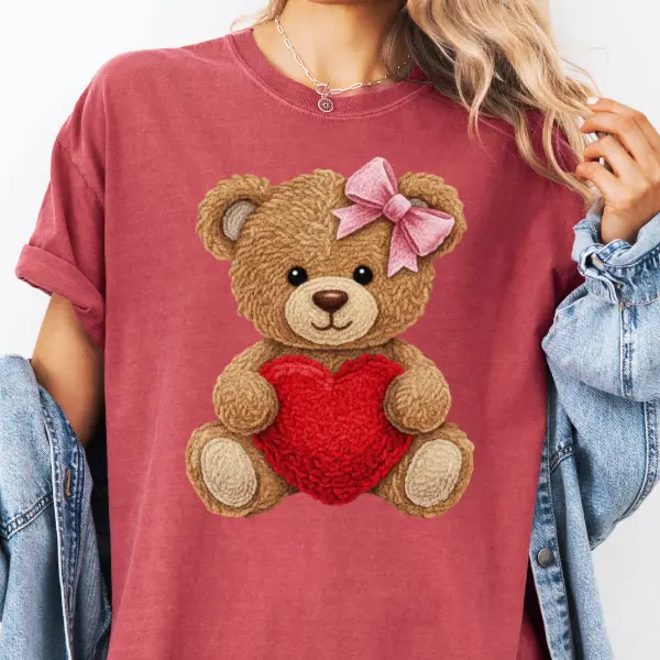 Faux Yarn Teddy Hear Bear Comfort Color T-shirt, Women's Trendy Graphic T-shirt, Valentines day holiday gift