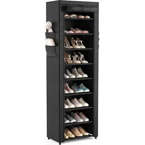 Shoe Rack with Cover Narrow Shoe Organizer with 4 Side Pockets 10 Tier Tall Shoe Storage Holds 18-22 Pairs Shoes and Boots Shoe Rack for Closet Entryway Garage