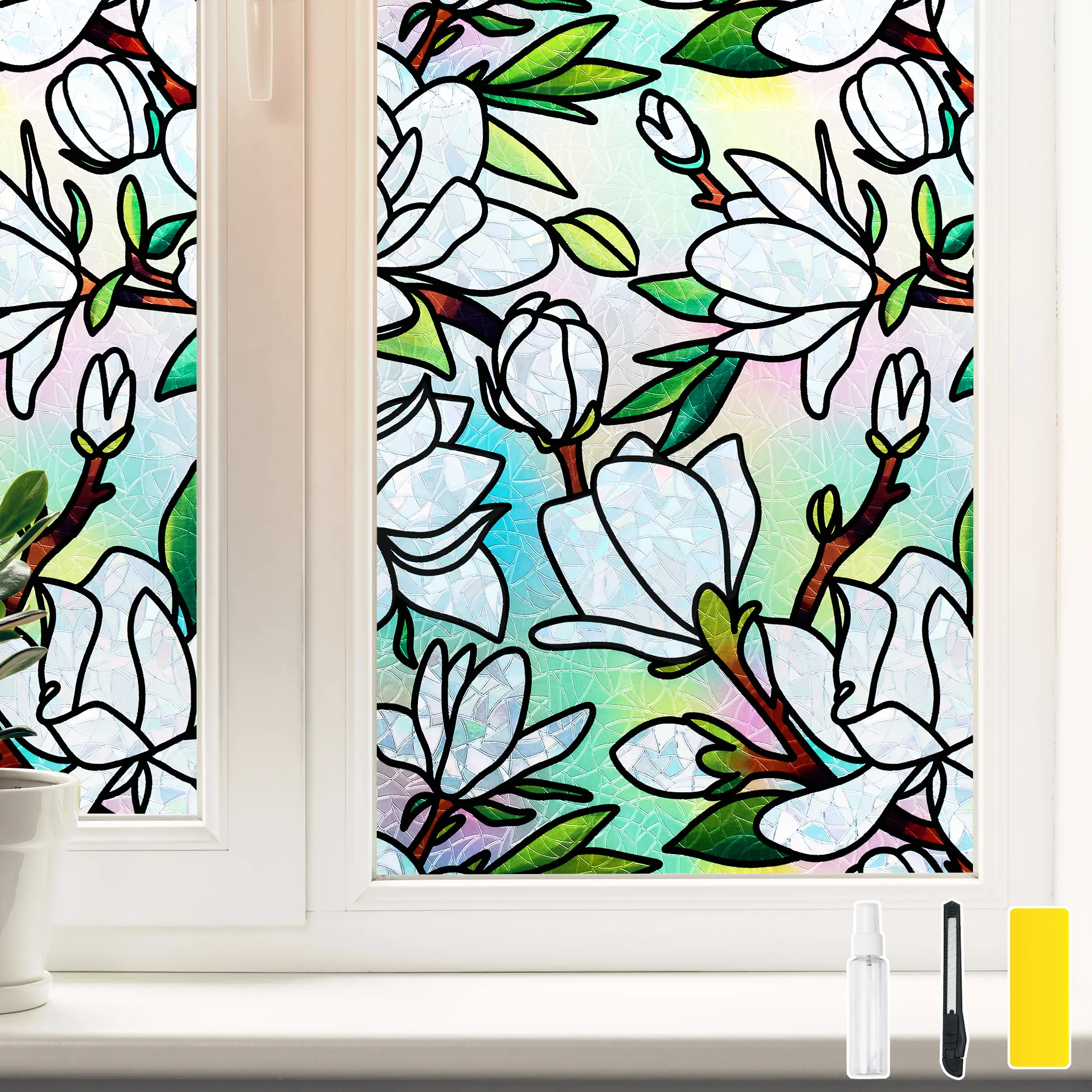 DKTIE 17.7" x 78.7" Colorful Orchid Pattern Decorative Privacy Window Film, Which Blocks Ultraviolet Rays and Is Installed By Electrostatic Adsorption, Suitable for Various Scenarios