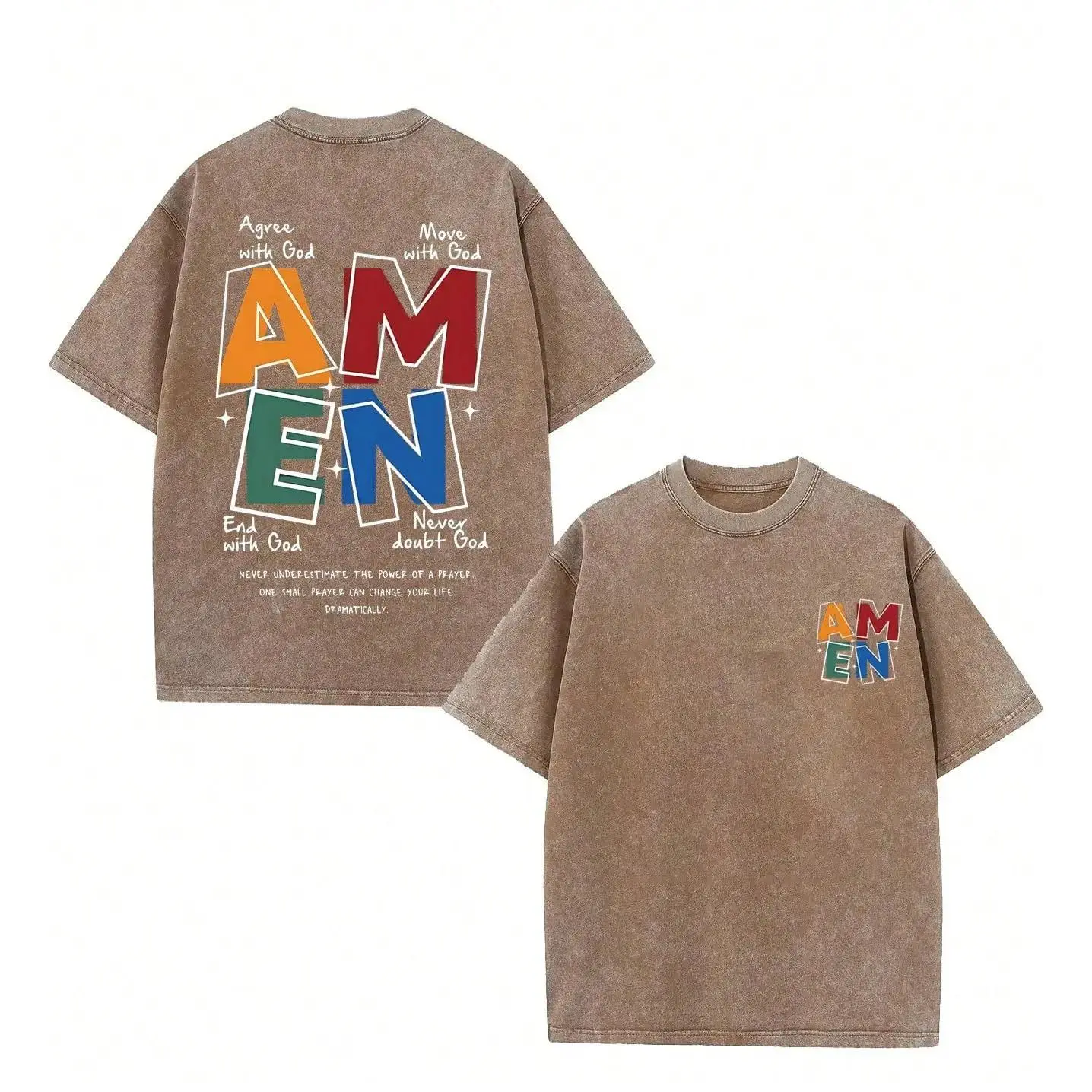 AMEN Classic Letter Header T-Shirt for Men Women Vintage Distressed 230g Washed Cotton Casual Fit God Bless  (regular cotton/washed cotton) You Design
