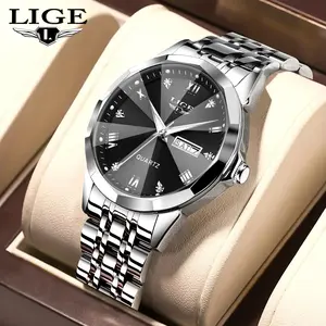 Lige men's business watch steel strap waterproof night luminous chronograph watch analog  watch  lige men