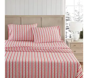 Martha Stewart Rose Ribbon White/Red Cotton King Sheet Set