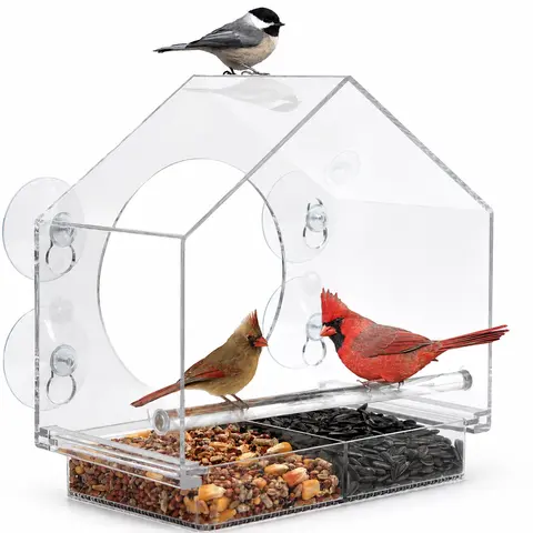 Clear Acrylic Window Birdfeeder with 4 Strong Suction Cups, Removable Sliding Tray, Easy-Clean Weatherproof Outdoor Design for Close-Up Viewing | Nature Anywhere, Ideal Gift for Enthusiasts