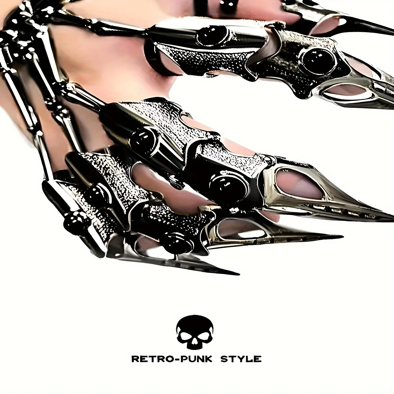 Adjustable Sci-Fi Mechanical Gloves Set with Unique Mechanical Design, Featuring Claw Rings And Skeleton Structure, Classic And Fashionable Silvery And Black Color, Metal Material, No Feathers, with Knuckles