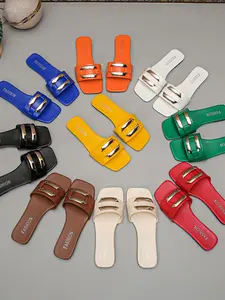 Women's Gold Square Buckle Decor Open Toe Slide Sandals, Candy Color Beach Flat Rubber Slippers