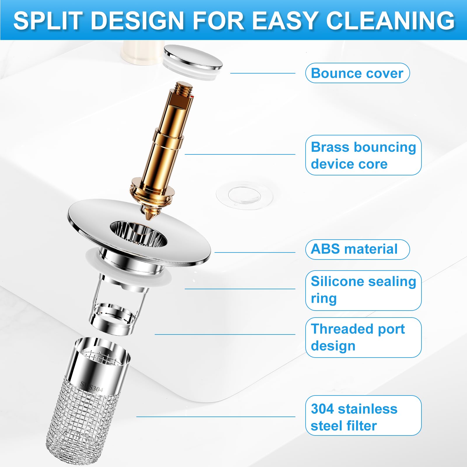 Stainless steel bathroom sink filter screen, bathroom sink stopper, 1/2 inch anti-odor sink rebound core, detachable drain plug, household items, easy-installation rebound-type bathroom drain plug with filter device and odor isolation device