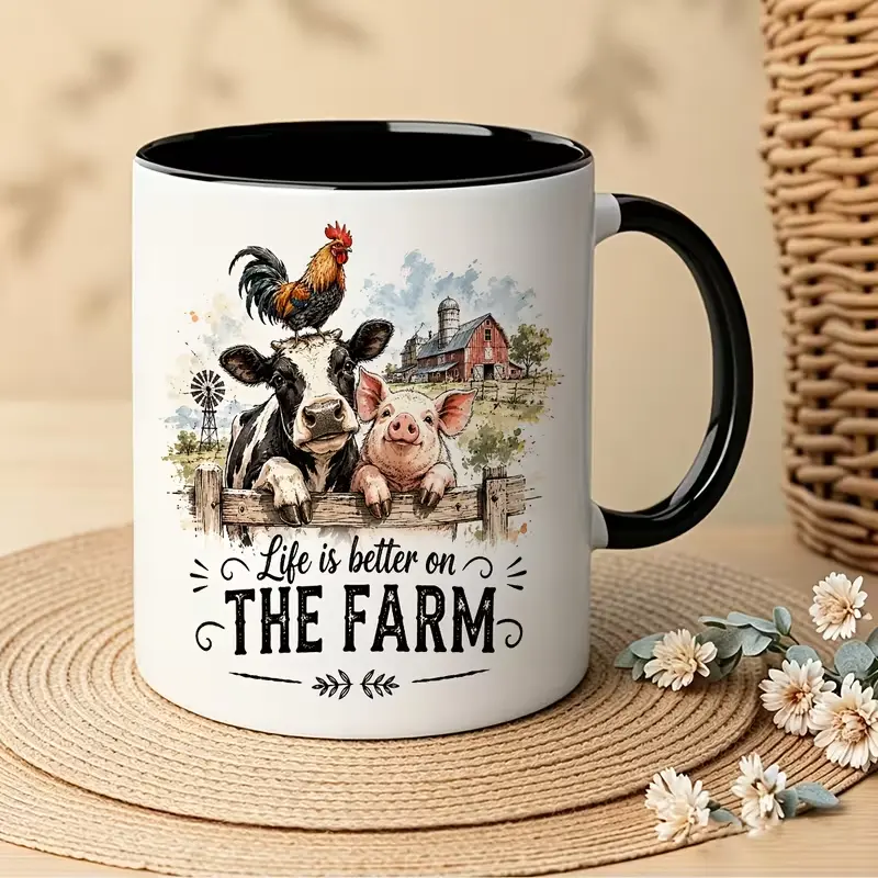 Charming 11oz Ceramic Mug with Vintage Watercolor Farm Animals Cow Pig Rooster Barn Design - Perfect Gift for Farmer On Birthday, Thanksgiving, Housewarming, Home Daily Coffee Cup, Ceramic Drinkware Gift