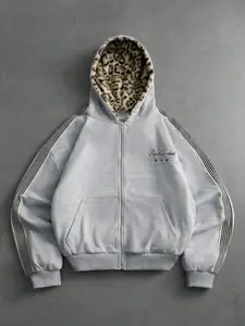 Unisex Light Grey Zip Up Hoodie, Leopard Print Fur Lined Hood, Striped Sleeve Detail, "Pautras club" Embroidered Logo, Soft Fleece Fabric, Oversized Loose Fit, Ideal For 18-35 Y2K & Streetwear Fans, Perfect Gift For Him & Her