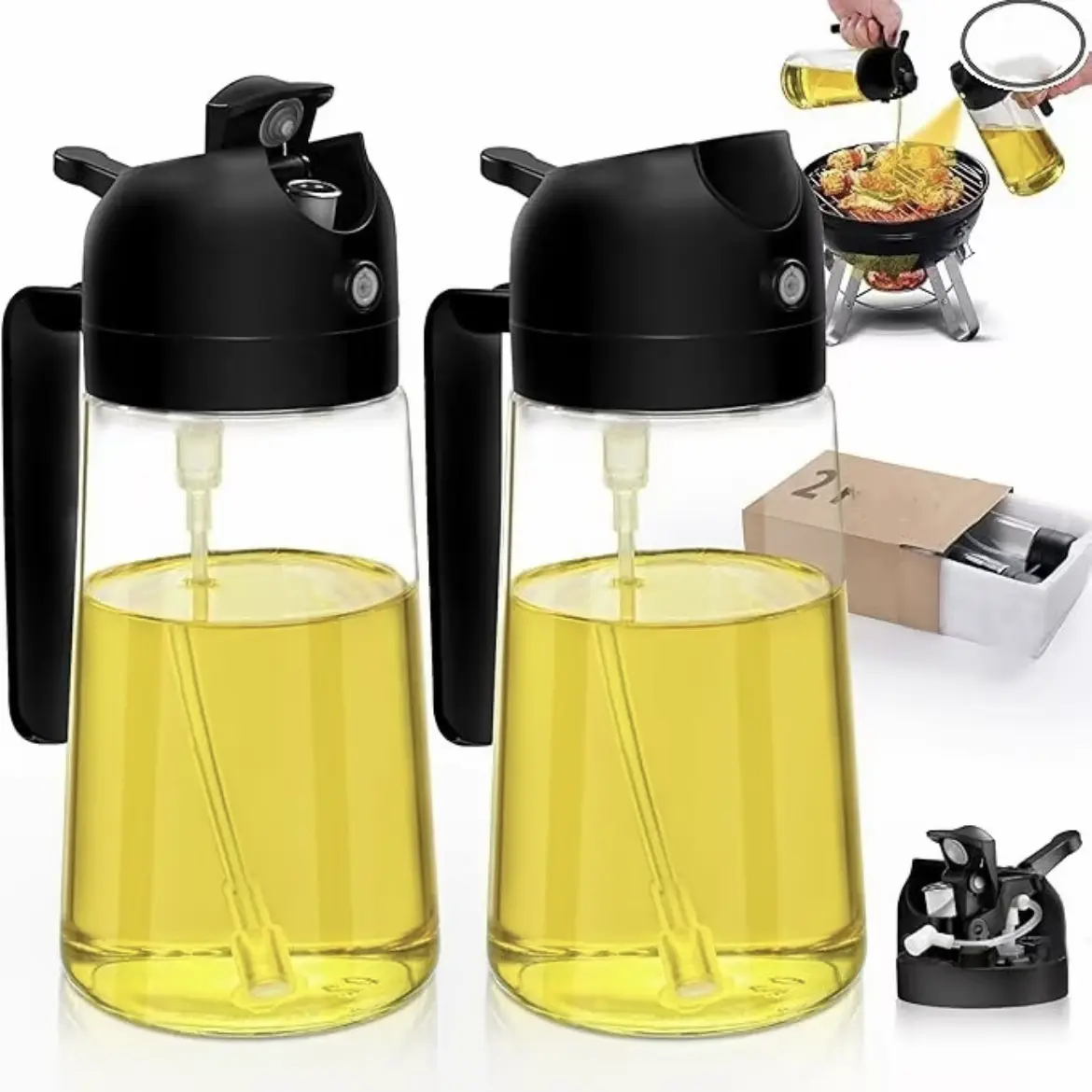 [SummerVibes] 2-in-1 Olive Oil Dispenser and Mister for Kitchen, 16oz Premium Glass Oil Bottle for Cooking, Air Fryer, Salad, Grilling, Barbecue Utensils, Food-Grade Oil Mister for Precise Control, Healthy Meal Prep, Multi-Color Oil Bottle for Home Use