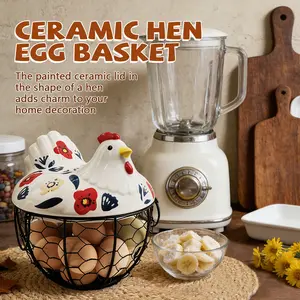 Farmhouse Floral Decorative Ceramic Chicken Egg Multipurpose Basket with Metal Wire, Lid - Rustic Kitchen Organiser Wire Basket
