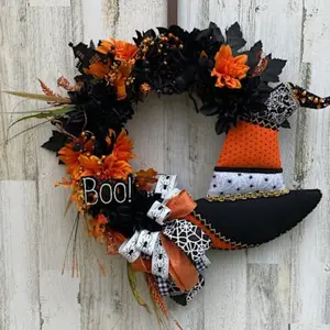 Witch Hat Halloween Wreath – Boo Sign, Orange & Black Floral Door Decor, Spooky Fall Front Porch Decoration