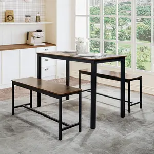 3-Piece Dining Table Set with 2 Benches – Compact Kitchen Table with Space-Saving Slide-Under Seating, Gray Engineered Wood Top & Steel Frame, Ideal for Apartments & Small Spaces